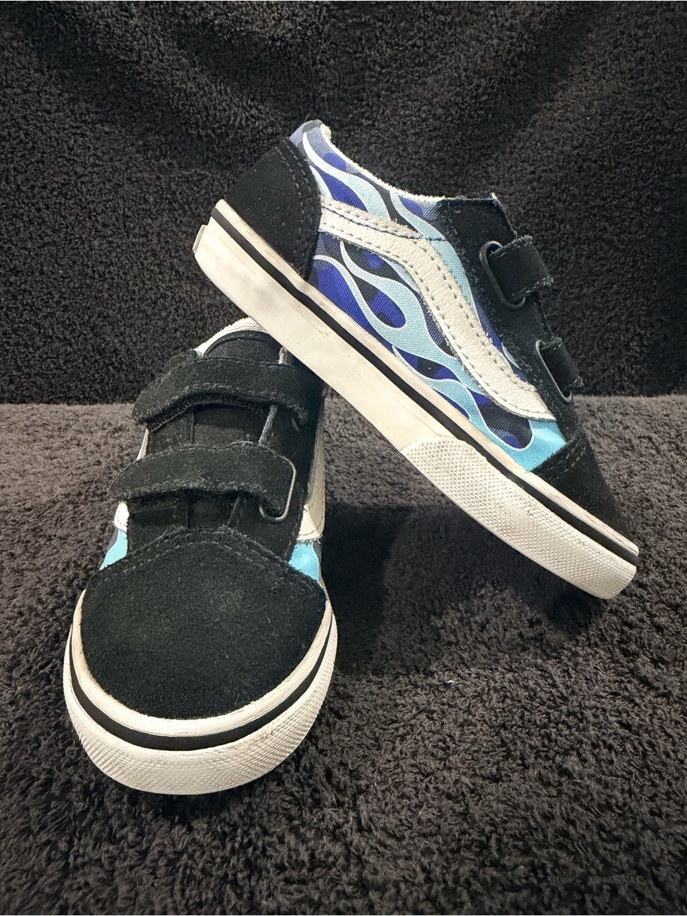 Vans Kids Black Suede Sneakers with Blue Flame Detail